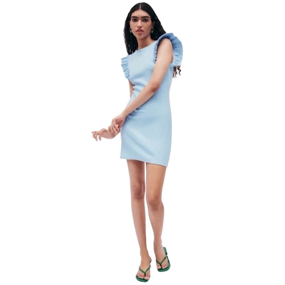 ZARA Women Light Blue Ruffle Cap Sleeves Mini Bodycon Casual Travel Work Dress M
